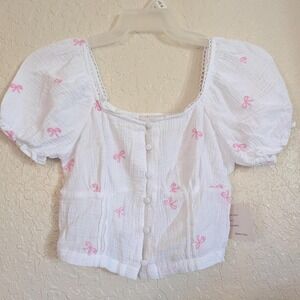 Passport Womens White Crinkle Cotton Pink Bow Embroidered Puff Sleeve Crop Top S